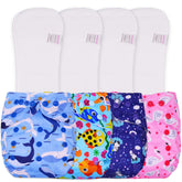 Reusable Baby Cloth Diaper with Adjustable Snap Buttons and Inserts (Set of 4)